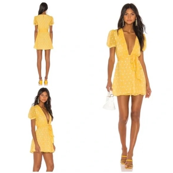 Privacy Please Carlotta Mini Yellow & White Polka Dots Deep V Neckline Dress S - Picture 1 of 5